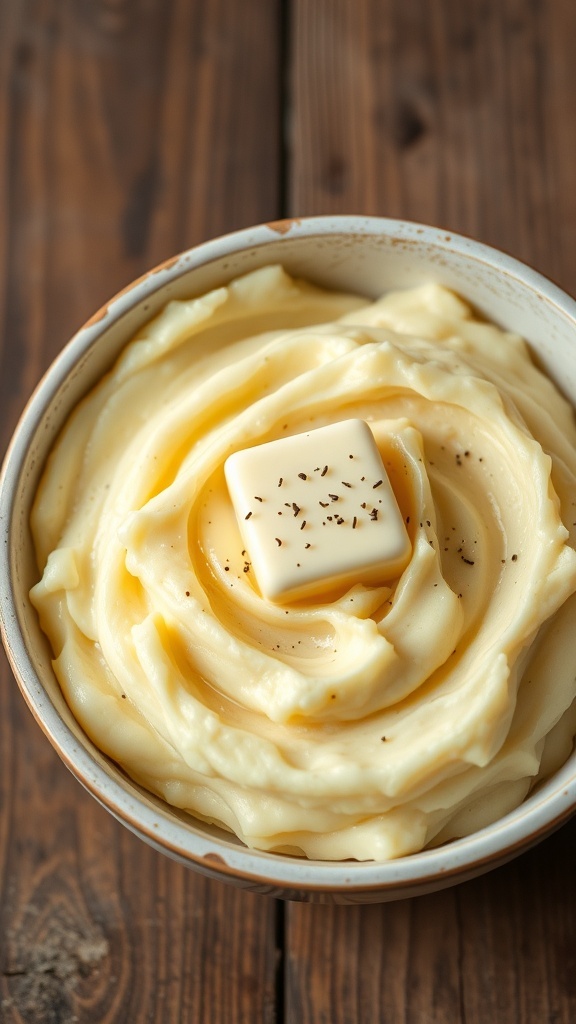 A bowl of creamy mashed potatoes with butter and pepper on a rustic table.